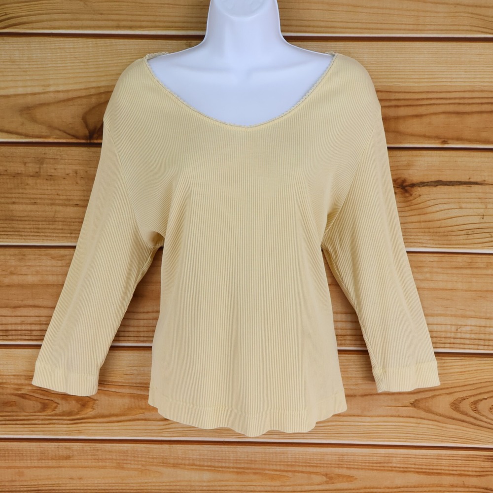 Basic Editions 3/4 Sleeve Ribbed Shirt Womens Sz XL Yellow Cotton Blend Stretch